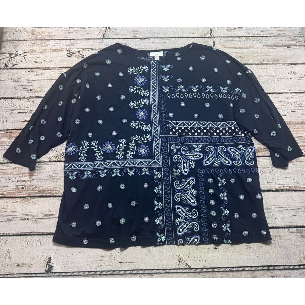 J Jill Women Size XL Navy Blue Boho Embroidered Blouse Top